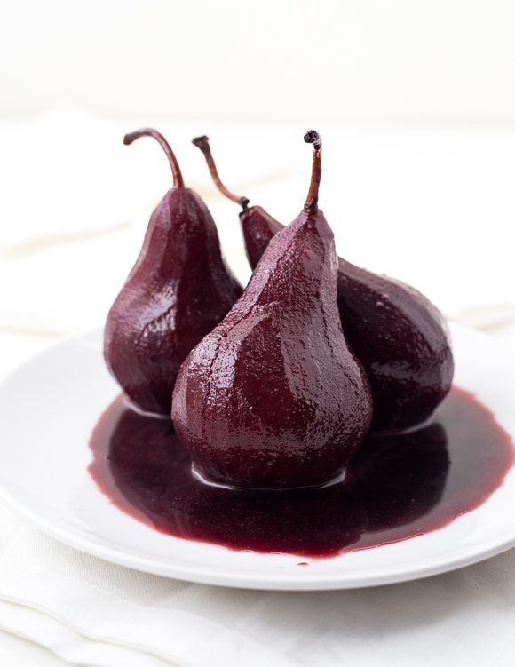 Poached pears plated.